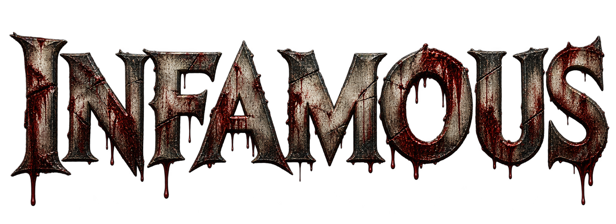 Infamous, a dark distressed metal logo marked with dried blood